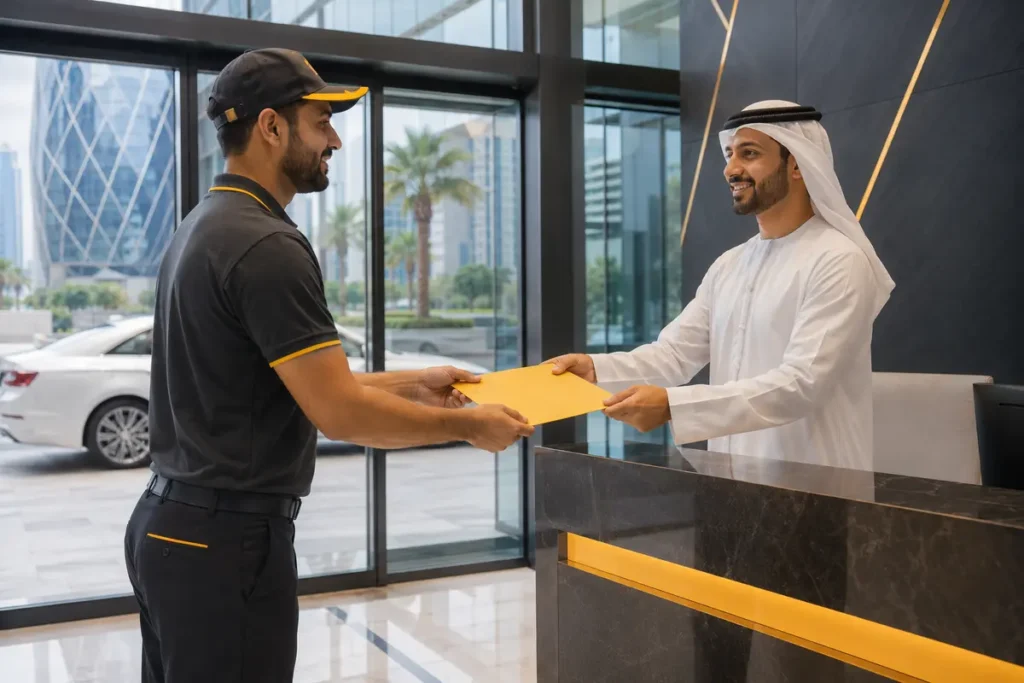 مندوب يسلم ظرف مستندات إلى موظف استقبال في الإمارات
