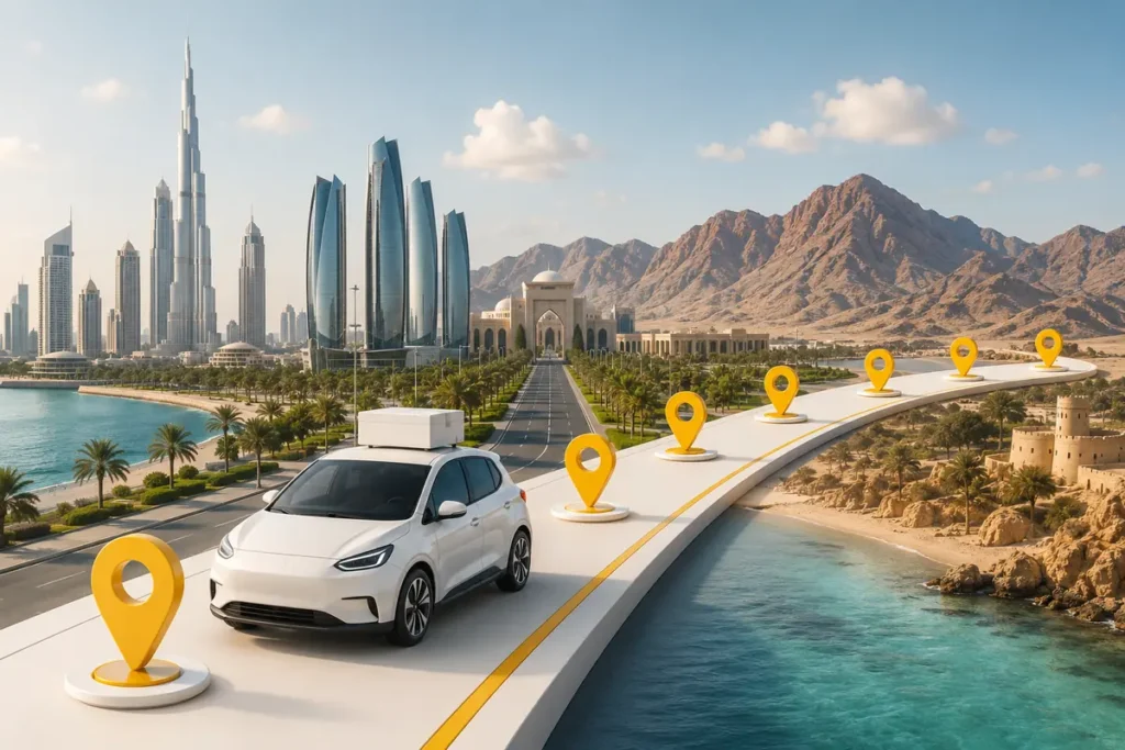 سيارة توصيل مع سبع علامات مواقع تمثل الإمارات السبع